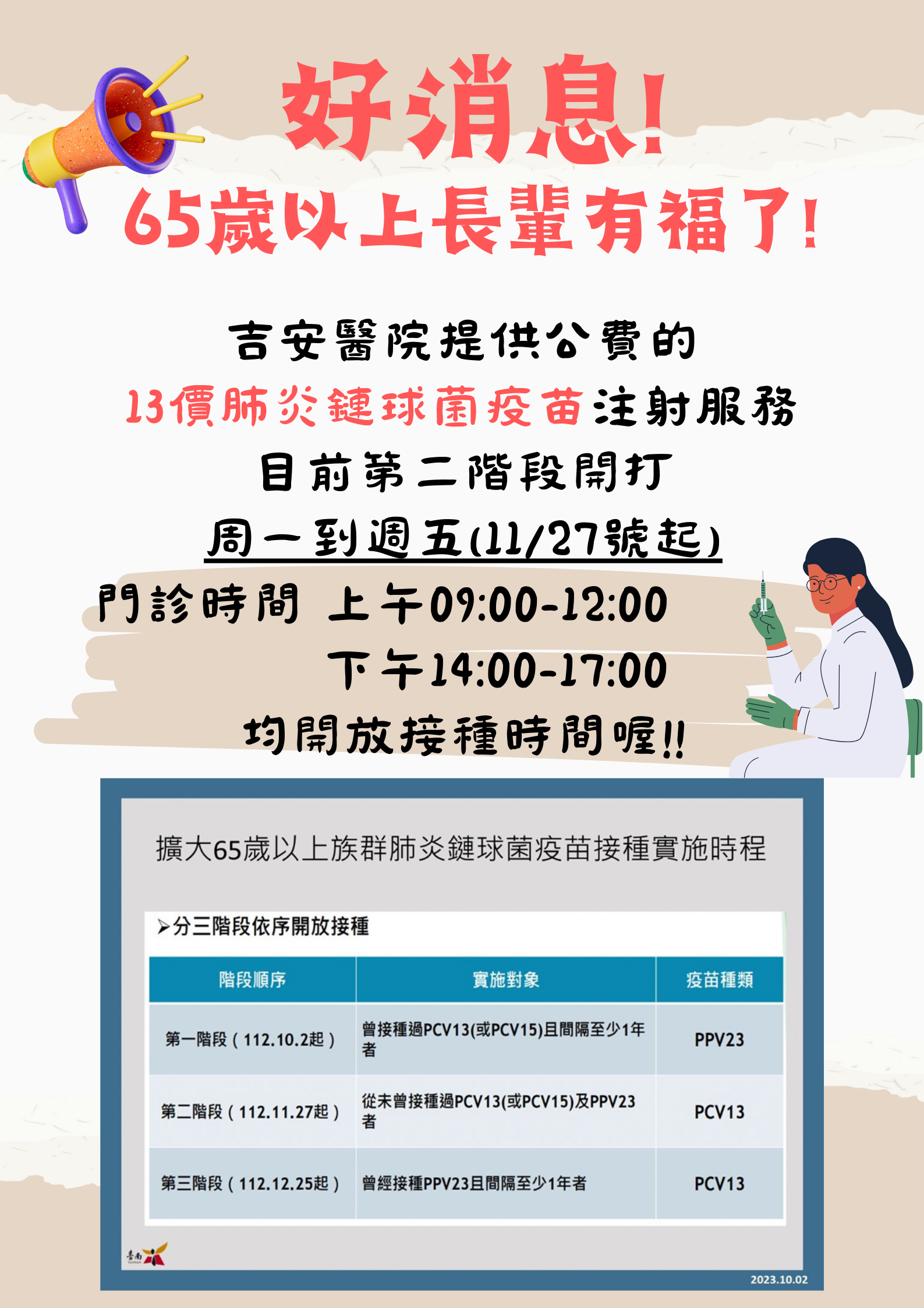 關廟區唯一指定13價肺炎鏈球菌疫苗開打